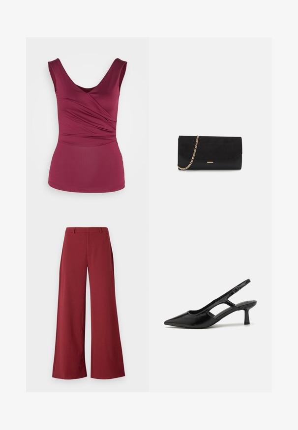 Anna Field by Zalando Μπλούζα - dark red; Πλατιά παντελόνια σε σκούρο μπορντό χρώμα. Φτιαγμένα από έναν λείο, ελαστικό ύφασμα με ραφές κατά παραγγελία και κλείσιμο με φερμουάρ μπροστά.; Μαύρες γόβες slingback με μυτερή μύτη, κατασκευασμένες από γυαλιστερό υλικό, με διακριτικά κόψιματα και μέτριο τακούνι για υποστήριξη.; Μαύρη τσάντα clutch από σουέτ με υφή, που διαθέτει χρυσό λουρί και κομψό, γωνιακό σχέδιο.