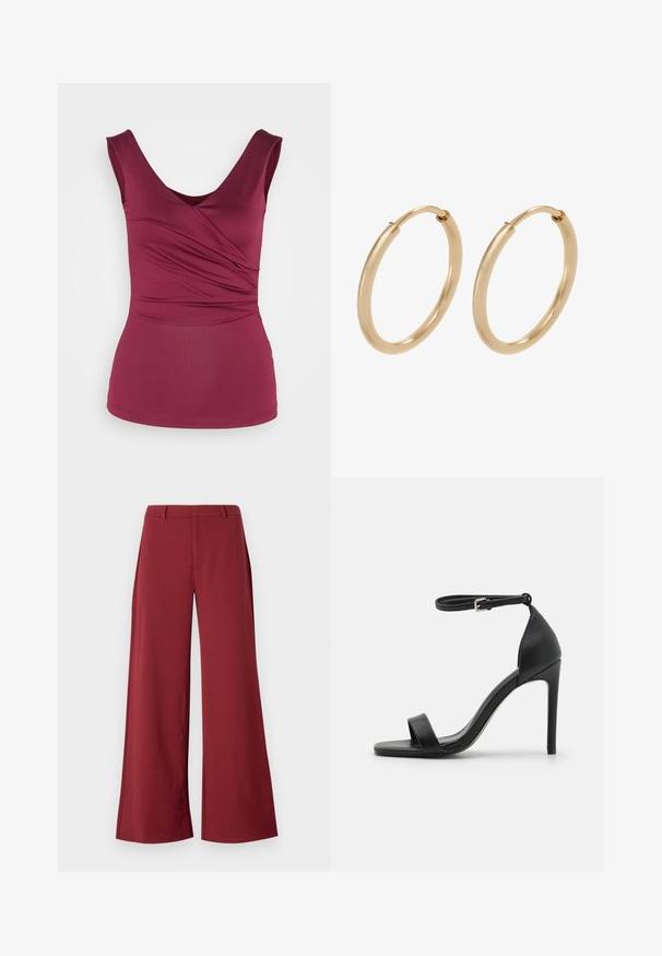 Anna Field by Zalando Top - dark red; Bredde bukser i en dyb burgunderfarve. Lavet af et glat, strækbart stof med skræddersyede sømme og lynlås foran.; Sort højhælet sandal med et sleek design, der har en ankelrem, åben tå og glat lædertekstur.; Guldøreringe med en glat, poleret overflade. Rund form, mellemstor, med en sikker lukkemekanisme.