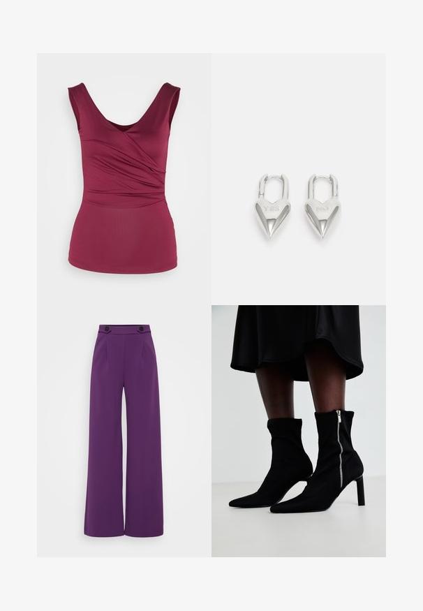 Anna Field by Zalando Top - dark red; Vibbrante purple bredde ben bukser lavet af glat stof, med en skræddersyet talje, der har to sorte knapper og frontfolder.; Sorte ankelstøvler med en strækbart stofoverdel, spids tå og en sidelukning med lynlås, sat på en slank, høj hæl.; Sølv hjerteformede hængelåse med indgraveret "JA" og "NEJ" tekst, poleret finish, symmetrisk design og en robust metalklap.