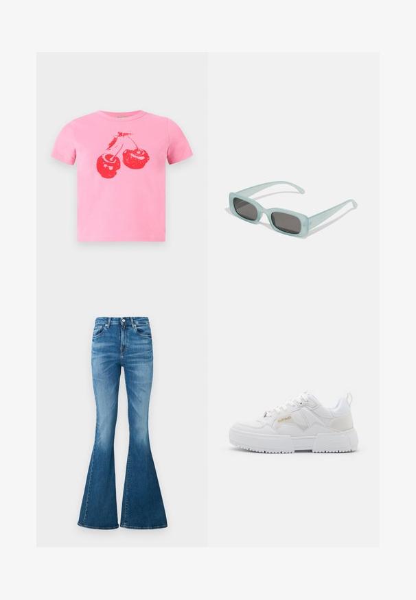 Kort lyserød bomuldst-shirt med et markant rødt kirsebærmotiv med grønne stilke. Klassisk rund hals og korte ærmer.; Udsvingede jeans lavet af middelvægt denim, med høj talje, lys blå farve, subtil falmning og klassisk fem-lomme design.; Hvide sneakers med et chunky design, fremstillet af læder og syntetiske materialer, med teksturerede detaljer, snørebånd og et fremtrædende logo i guld.; Et par rektangulære solbriller med lyseblå gennemsigtige stel og mørkegrå linser, der har lige templer og minimale hardware detaljer.