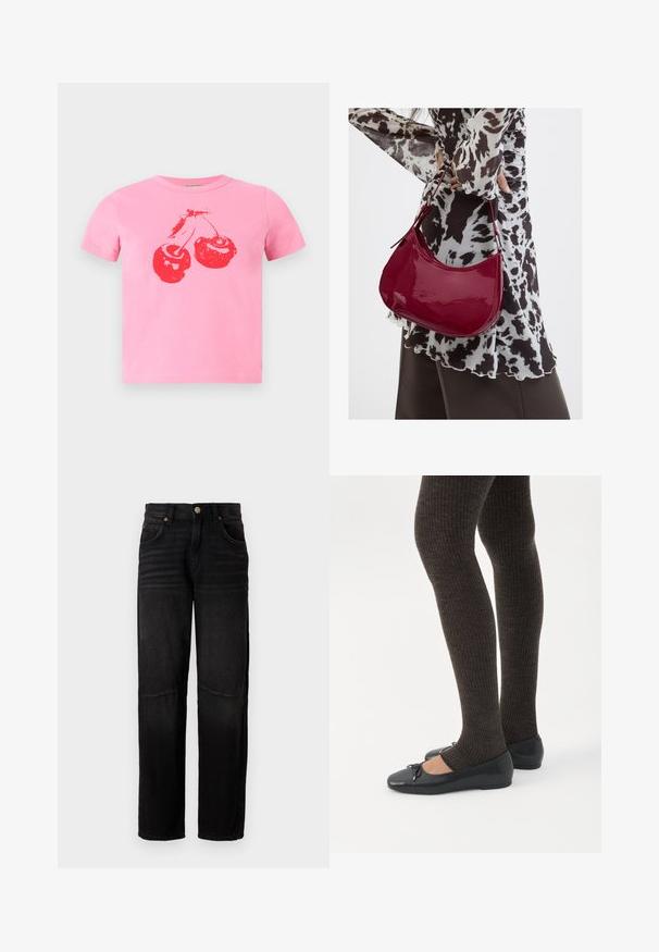 Kort lyserød bomuldst-shirt med et markant rødt kirsebærmotiv med grønne stilke. Klassisk rund hals og korte ærmer.; Sorte denimjeans med lige ben, fem lommer, knaplukning og subtile falmede detaljer ved lårene og knæene.; Ben iført mørke ribbede leggings kombineret med sorte balletsko med små sløjfedetaljer på hvid baggrund.; Kvinde iført en sort- og hvidmønstret bluse, der holder en blank rød skuldertaske mod en ensfarvet baggrund.