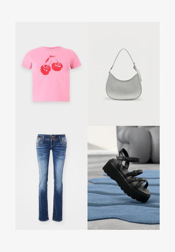 Camiseta corta de algodón rosa con un diseño gráfico de una cereza roja brillante con tallos verdes. Cuello redondo clásico y mangas cortas.; Vaqueros de denim en un degradado de azul claro a oscuro, con un diseño clásico de cinco bolsillos, detalles de botones de metal y un corte recto.; Sandalia de plataforma negra con tres correas ajustables con hebillas, colocada sobre una alfombra azul texturizada con fondo desenfocado.; Bolso de mano de imitación cuero plateado con forma curva, correa corta ajustable y textura suave, que presenta un detalle de costura minimalista.