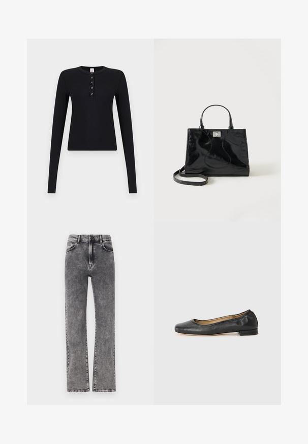 Must pikkade varrukatega soonikkoes henley-pool, mille esiosas on viis hõbedast klambrit ja ümara kaelusega.; Hallid hall denim kõrge vööga teksad sirge jalaga disainiga, millel on peened kulumised ja standardne viie tasku stiil.; Mustad nahast baleriinijalatsid ümmarguse varba ja minimaalse õmblusega. Madal, ruudukujuline konts ja sile tekstuur. Diskreetne sisepinna detail.; Mustast lakknahast käekott ümarate sangadega, eemaldatava õlarihma ja hõbedase kinnitusega ühtlasel valgel taustal.