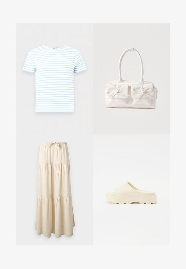 Kurzärmeliges, geripptes Crop-Top mit hellblauen und weißen horizontalen Streifen, rundem Ausschnitt, vor schlichtem Hintergrund präsentiert.; Beige gestufter Maxirock mit elastischem Bund und Kordelzug, mit fließendem, gerafftem Stoffdesign.; Beige Slippersandale mit einer glatten, gummiartigen Oberfläche, runder Zehenpartie, dicker Sohle und strukturiertem Boden für guten Halt. Minimalistisches Design.; Weiße synthetische Handtasche mit zwei vorderen Taschen, jeweils mit einer gebundenen Schleifendekoration. Glatte Textur, abgerundete Griffe und Reißverschluss.