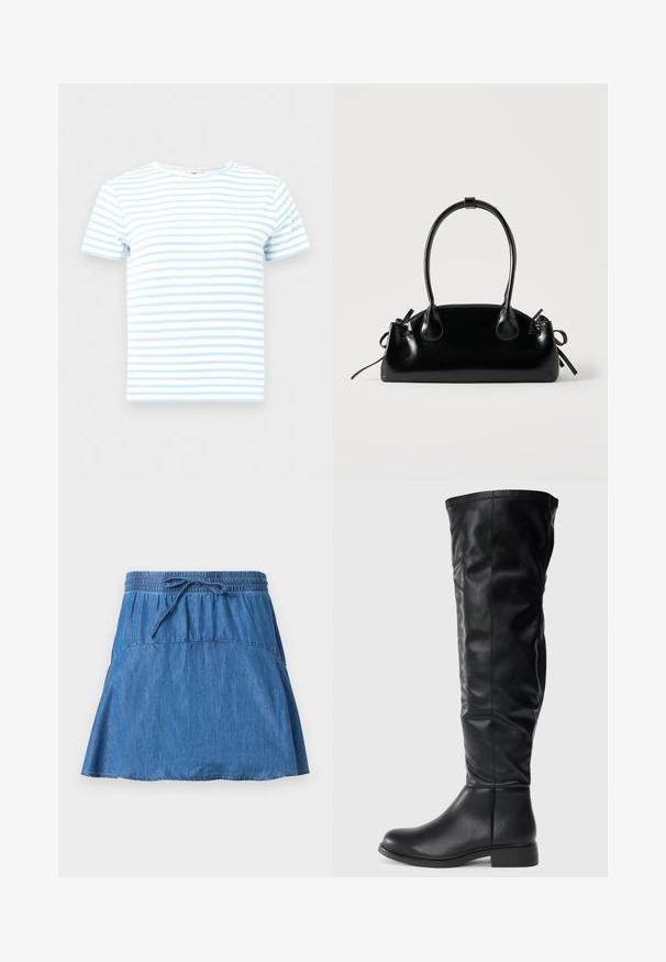 Kortærmet, ribstrikket crop top med lyseblå og hvide vandrette striber, rund halsudskæring, vist på en ensfarvet baggrund.; Blå denimnederdel med elastisk taljebånd og snørelukning, A-formet silhuet og synlige sømdetaljer på en ensfarvet baggrund.; Sorte knæhøje støvler lavet af glat læder, med rund tå, lav blokhæl og en let skråning på skaftet med syninger.; Lille sort blank håndtaske med to lange håndtag og snøre-detaljer i siden på en ensfarvet lys baggrund.