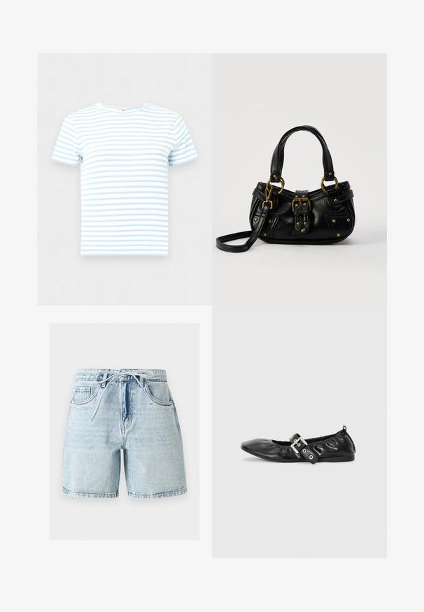 Crop top à manches courtes côtelé avec rayures horizontales bleu clair et blanches, col rond, présenté sur un fond uni.; Short en jean bleu clair avec une ceinture à nouer devant, des poches latérales et une poche monnaie, et une coupe taille haute sur fond uni.; Chaussure plate en cuir noir avec un nez pointu, des détails froncés autour de l'ouverture et un accent en boucle argentée sur la bride ajustable.; Sac à main en cuir noir avec boucle dorée et détails à rivets, poignées courtes et bandoulière réglable sur fond blanc uni.