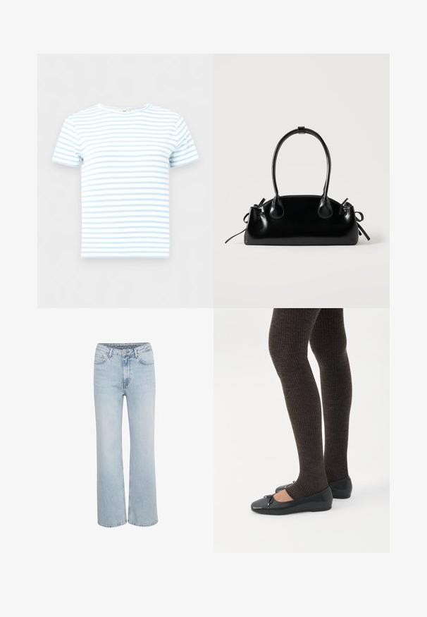 Kortærmet, ribstrikket crop top med lyseblå og hvide vandrette striber, rund halsudskæring, vist på en ensfarvet baggrund.; Lysblå højtaljede denim jeans med brede ben, fremadgående knap- og lynlåslukning samt fem lommer.; Ben iført mørke ribbede leggings kombineret med sorte balletsko med små sløjfedetaljer på hvid baggrund.; Lille sort blank håndtaske med to lange håndtag og snøre-detaljer i siden på en ensfarvet lys baggrund.