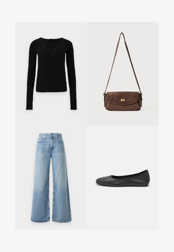 Zwarte langemouwen top met een V-hals, gemaakt van ribbelstof. Heeft een aansluitend ontwerp en subtiele stikaccenten bij de halslijn.; Lichtblauwe denim wijde jeans met een hoge taille, voorzien van vier zakken, een knoopsluiting en subtiele vervaging op de stof.; Zwarte leren ballerina met een ronde neus, gladde textuur, minimale stikdetails en een flexibele zoolontwerp.; Bruine suède schoudertas met een lange verstelbare band en een gouden draaisluiting op de voorflap.