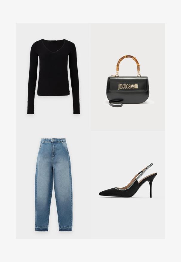 Zwarte langemouwen top met een V-hals, gemaakt van ribbelstof. Heeft een aansluitend ontwerp en subtiele stikaccenten bij de halslijn.; Lichtblauwe denim jeans met een hoge taille, losse pasvorm, vijfzakkenontwerp en rafelige zoom. Kenmerkt klassieke stiksels en een ritssluiting.; Zwarte slingback pump met spits toe, dunne naaldhak en "LOVE MOSCHINO" tekst op het bandje en de rand.; Zwarte leren handtas met goudkleurig "Just Cavalli"-logo aan de voorkant en een gebogen bamboe handvat, voorzien van een afneembare lange riem.