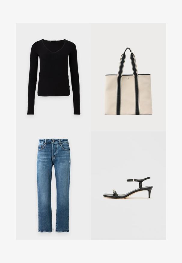 Sort langærmet top med V-hals, lavet af ribbet stof. Har et tætsiddende design og subtile stikninger ved halsudskæringen.; Herre blå denim jeans med lige pasform, fem lommer og knaplukning. Har let falmning og syet detaljer.; Sort læder sandal med hæl og ankelrem, åben tå, firkantet front og sølvfarvede metalaccenter. Figurformet design med en slank profil.; Beige lærreds taske med sorte lodrette striber og håndtag, sikret med en central knaplukning.