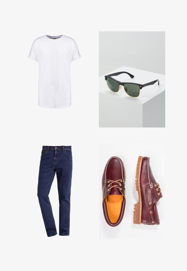 Weißes Baumwoll-T-Shirt mit kurzen Ärmeln, Rundhalsausschnitt und lockerer Passform. Glatte Textur und keine sichtbaren Muster oder Designs.; Dunkelblaue gerade geschnittene Denim-Jeans mit Vordertaschen, Knopfverschluss, Gürtelschlaufen und sichtbaren Nähten.; Bordeauxfarbene Lederschuhe mit braunen Gummisohlen, runder Zehenform, weißen Nähten und goldenen Ösen. Das Innenfutter weist eine gelbe Beschichtung auf.; Ray-Ban Sonnenbrillen mit grünen Gläsern, schwarzen Kunststoffrahmen und goldenen Akzenten an den Rändern. Quadratische Form mit matter Oberfläche.