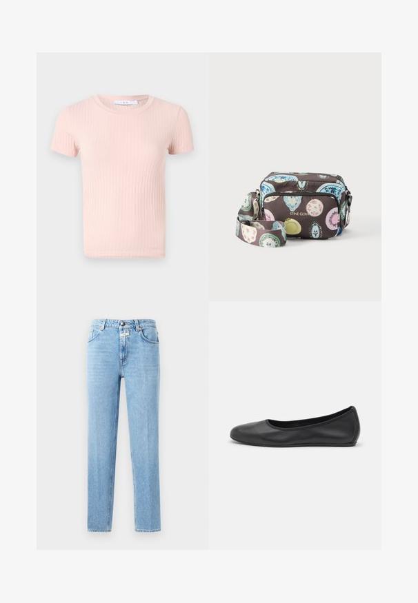 Hellrosa, geripptes T-Shirt mit kurzen Ärmeln und rundem Halsausschnitt, das eine weiche Textur und eine figurbetonte Passform aufweist.; Hellblaue Denim-Jeans mit geradem Schnitt, Fünf-Taschen-Design und Metalldruckknopfverschluss. Strukturierter Stoff mit minimaler Verbleichung.; Schwarze Leder-Ballettschuhe mit abgerundeter Spitze, glatter Textur, minimalen Nähdetails und einem flexiblen Sohlen-Design.; Umhängetasche mit bunten Ovalmustern auf dunklem Hintergrund, Vordertasche mit Reißverschluss und verstellbarem Riemen, mit dem Schriftzug "STINE GOYA" in goldenen Buchstaben.