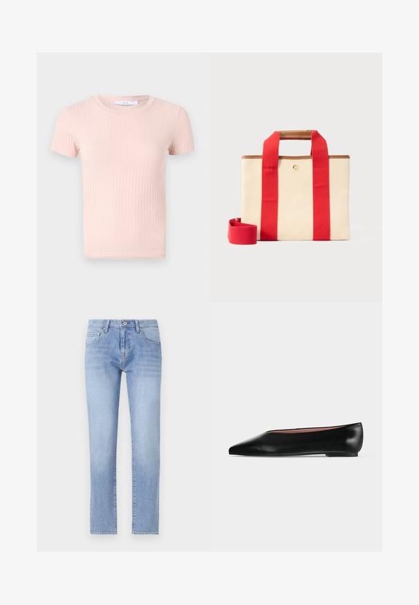 Lichtroze geribde t-shirt met korte mouwen en een ronde halslijn, met een zachte textuur en een aansluitende pasvorm.; Lichtblauwe denim jeans met een recht model, vijf-pocketontwerp en lichte wassing. Beschikt over een knoopsluiting en standaard ceintuurlussen.; Zwarte leren damesschoen met platte zool, puntige neus en lage hak, zijwaarts afgebeeld tegen een effen lichtgrijze achtergrond.; Beige rechthoekige canvas tas met brede rode banden, bruine leren afwerking en een afneembare rode schouderriem op een lichte achtergrond.