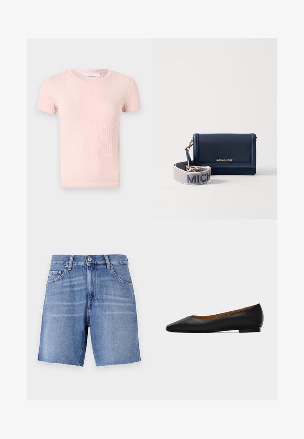 Hellrosa, geripptes T-Shirt mit kurzen Ärmeln und rundem Halsausschnitt, das eine weiche Textur und eine figurbetonte Passform aufweist.; Hellblaue Denim-Shorts mit geradem Schnitt, ausgefranstem Saum, fünf Taschen und metallischem Knopfverschluss. Der Stoff hat eine glatte Textur mit leichtem Verblassen.; Schwarzer flacher Schuh aus Leder mit spitz zulaufender Vorderkappe, niedrigem Absatz und glatter Oberfläche, von der Seite vor einem hellgrauen Hintergrund dargestellt.; Navy Leder-Geldbörse mit goldfarbenem Logo, ausgestattet mit einem abnehmbaren Tragegurt mit "MICHAEL" in weißem Text auf einem strukturierten Hintergrund. Kompaktes Design.