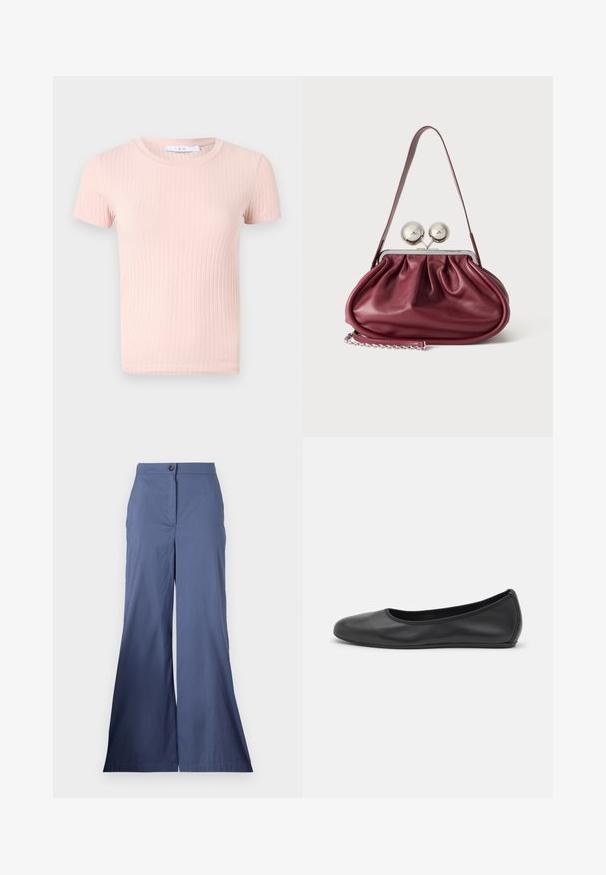 Camiseta de manga corta de rayas en rosa claro con cuello redondo, que presenta una textura suave y una forma ajustada.; Pantalones de pierna ancha azul marino, confeccionados en una tela suave, con cierre frontal de botón y líneas limpias, con un ajuste entallado en toda su extensión.; Bailarina de piel negra con punta redondeada, textura suave, detalle de costura minimalista y diseño de suela flexible.; Pequeño bolso de mano de cuero burdeos con detalles fruncidos, una correa fina y un cierre de plata con dos grandes pomos redondos.