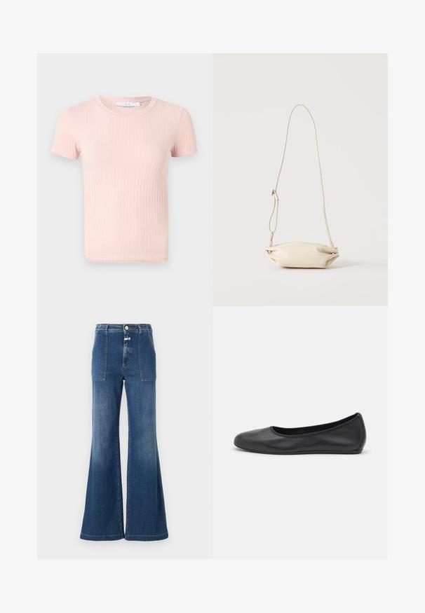 T-shirt à manches courtes côtelé rose clair avec un col rond, offrant une texture douce et une coupe ajustée.; Jeans évasés taille haute en denim bleu moyen avec une finition délavée. Dotés de poches plaquées et d'une fermeture à bouton. Ourlet propre.; Ballerines en cuir noir avec un bout rond, texture lisse, détails de couture minimalistes et design de semelle flexible.; Petit sac bandoulière en cuir beige avec sangle ajustable, présenté sur un fond clair uni.