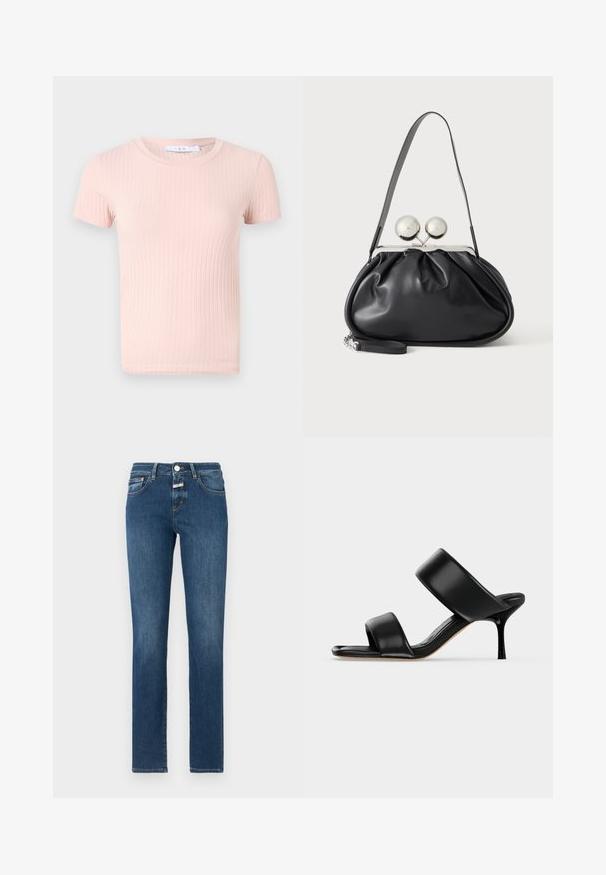 Hellrosa, geripptes T-Shirt mit kurzen Ärmeln und rundem Halsausschnitt, das eine weiche Textur und eine figurbetonte Passform aufweist.; Dunkelblaue Jeans aus Denim mit geradem Bein, klassischem Fünf-Taschen-Design und einem Reißverschluss mit Knopfverschluss. Abgenutzte Details im Stoff.; Schwarze Leder-Mule-Sandale mit zwei breiten Riemen und einem schlanken, mittelhohen Stilettoabsatz auf einem schlichten hellen Hintergrund.; Schwarze Ledertasche mit gerafftem Design, einem einzelnen Riemen, silbernem Metallrahmen und zwei großen runden silbernen Verschlüssen.