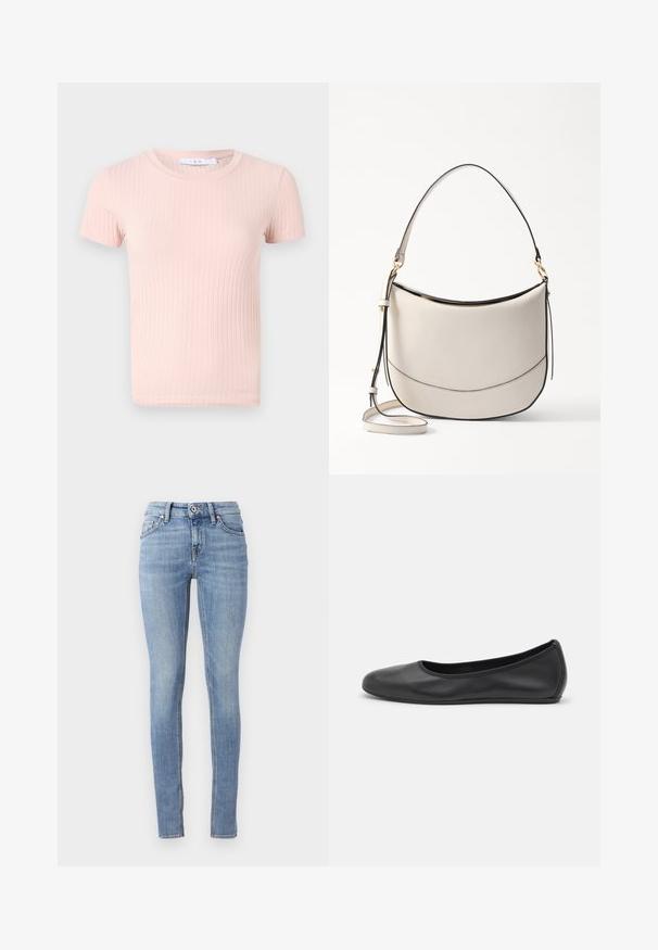 Hellrosa, geripptes T-Shirt mit kurzen Ärmeln und rundem Halsausschnitt, das eine weiche Textur und eine figurbetonte Passform aufweist.; Hellblaue Skinny-Jeans aus Denim, mit einem normalen Bund, fünf Taschen und Kontrastnähten entlang der Nähte.; Schwarze Leder-Ballettschuhe mit abgerundeter Spitze, glatter Textur, minimalen Nähdetails und einem flexiblen Sohlen-Design.; Vanessa Bruno DAILY - Handtasche - ivoire