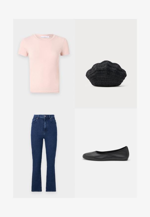Hellrosa, geripptes T-Shirt mit kurzen Ärmeln und rundem Halsausschnitt, das eine weiche Textur und eine figurbetonte Passform aufweist.; Dunkelblaue, hoch geschnittene Jeans aus Denimstoff mit geradem Bein, die vordere Taschen und einen Metallknopfverschluss aufweisen.; Schwarze Leder-Ballettschuhe mit abgerundeter Spitze, glatter Textur, minimalen Nähdetails und einem flexiblen Sohlen-Design.; Schwarze Korbtasche in Muschelform mit gebogenem Oberteil und gewebter Textur auf einfarbigem Hintergrund.