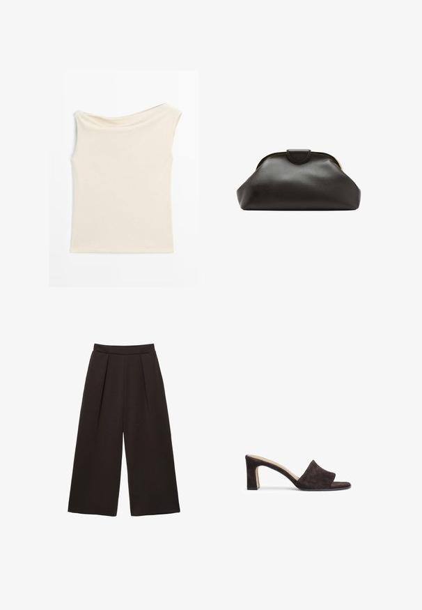 Haut beige sans manches avec un col bateau asymétrique, confectionné en tissu tricoté doux, affiché à plat sur fond blanc.; Pantalon noir à jambes larges avec taille haute et plis devant, longueur cheville, confectionné dans un tissu lisse.; Mule en suède marron avec une large lanière et un embout carré. Présente un talon bloc et une semelle intérieure lisse.; Pochette en cuir noir souple avec un cadre arrondi et une petite fermeture à languette en haut au centre.
