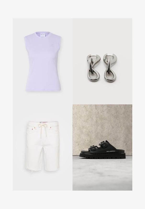 Ærmeløs lilla ribstrikket top med rund hals og diskret broderet Champion-logo på venstre bryst.; Hvide denim shorts med en frynsedetalje i bunden, der har en justerbar talje med snøring, fem lommer og hardware i kobberfarve.; Sort slidessandal med to sølvspænder, robust sål og "Karl Lagerfeld"-branding på siden, placeret nær et brunt rundt bord på beige gulv.; Par af sølvtonede metale øreringe med abstrakt sammenflettet løbedesign på hvid baggrund.