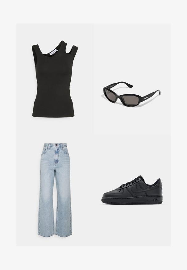 Weekday ZARI ASSYMETRIC - Débardeur - black; Jean large en denim bleu clair avec taille haute, design classique à cinq poches et couture contrastante. Détail de ourlet brut en bas.; Baskets en cuir noir avec boîte à orteils perforée, lacets plats et semelle en caoutchouc. Présente un petit logo sur le côté et des détails texturés.; Lunettes de soleil noires avec une monture rectangulaire, des verres sombres, un matériau plastique lisse et un accent métallique sur la branche.