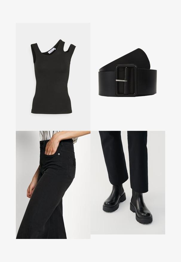 Weekday ZARI ASSYMETRIC - Top - black; Čierne široké rifle z denimu s vysokým pásom, prednými vreckami a zadným nášivkovým vreckom. Hladká textúra s minimálnymi švovými detailmi.; Osoba nosiaca čierne kožené členkové čižmy s hrubou podrážkou v kombinácii s čiernymi nohavicami so širokými nohavicami na bielom pozadí.; Čierny kožený opasok s obdĺžnikovou striebornou sponou, hladkou textúrou a zužujúcim sa koncom. Dizajn je jednoduchý a funkčný.