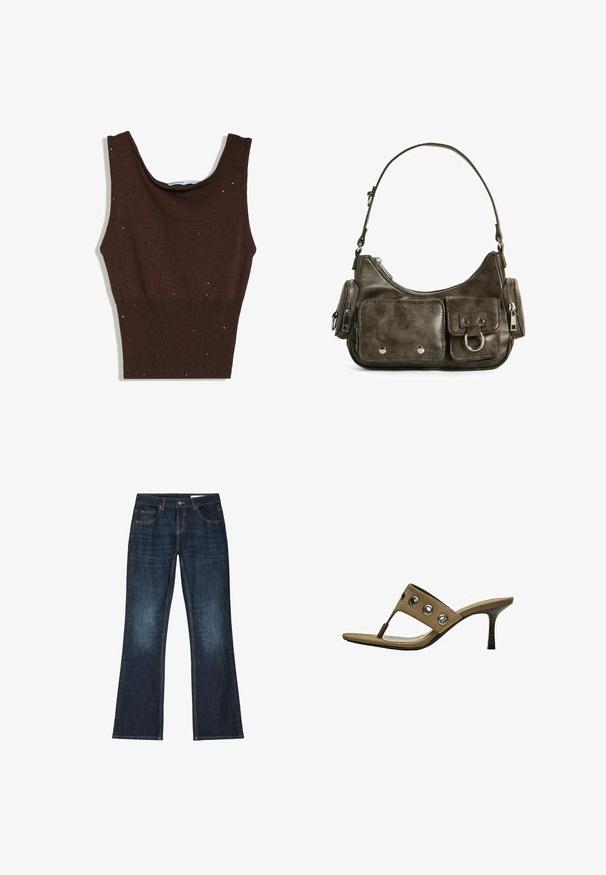 Crop top sans manches en maille marron foncé orné de petites sequins brillants répartis sur le tissu, avec un col rond.; Jean en denim bleu foncé avec une coupe droite, cinq poches et des coutures contrastantes sur fond blanc.; Sandale en daim marron à petit talon, avec attache pour l'orteil et quatre œillets métalliques sur la bride.; Sac à main en cuir vert foncé de forme arrondie, avec des poches zippées et une poche à rabat à l'avant. Présente un matériel en argent et une finition texturée.