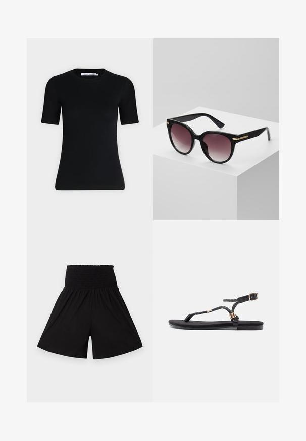 Schwarzes, tailliertes T-Shirt mit kurzen Ärmeln, rundem Ausschnitt und einem Etikett im Kragen auf einfarbig hellem Hintergrund.; Schwarze Shorts mit hoher Taille, weitem gerafftem elastischem Bund und lockeren, weit geschnittenen Beinen.; Schwarze flache Sandalen mit geflochtenen Riemen und metallischem Akzent. Verfügt über eine verstellbare Schnalle und eine flache Gummisohle für Komfort.; Schwarze Sonnenbrille mit glanzfarbiger Oberfläche, übergroßen runden Gläsern, die von dunklen zu helleren Farbtönen übergehen, und goldfarbigen Akzenten an den Bügeln.