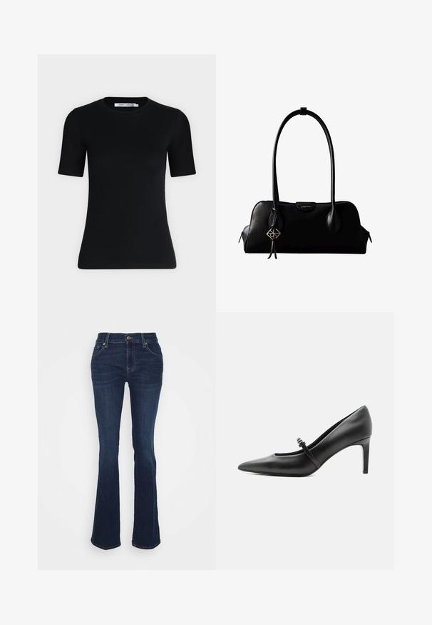 Sort tætsiddende T-shirt med korte ærmer og rund halsudskæring, med et mærke indvendigt i kraven mod en ensartet lys baggrund.; Mørkeblå udvidede jeans lavet af denim; høj talje, fem lommer, guld hardware accenter og glat tekstur med subtil fading ved lårene.; Sort læderspids højhælede sko med tynd rem og spænde over vristen, stående på en neutral lys baggrund.; Sort lædertaske fra Calvin Klein med lange håndtag, en forside-logo-tag og en sølv geometrisk vedhæng, der hænger fra det ene håndtag.