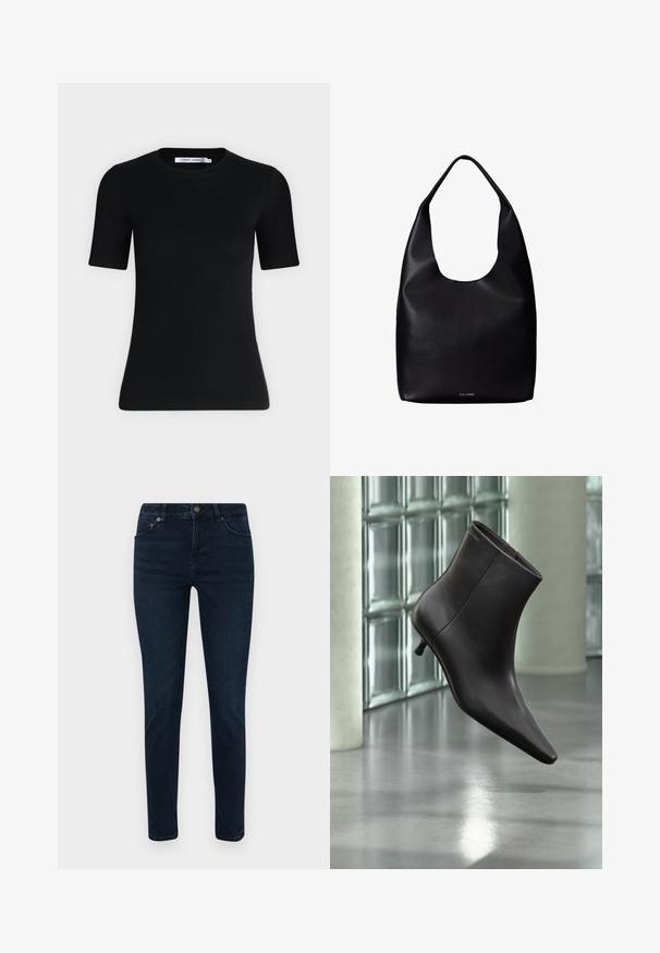 Sort tætsiddende T-shirt med korte ærmer og rund halsudskæring, med et mærke indvendigt i kraven mod en ensartet lys baggrund.; Mørk vaskede denimjeans med slim fit, der har fem-lomme design, knaplukning og subtile syningsdetaljer. Glat tekstur hele vejen igennem.; Sort læderankelstøvle med spids tå og lille hæl vist mod en væg af glasblokke og poleret gulv baggrund.; Sort læder shoppertaske med en bred enkelt skulderrem og et subtilt Calvin Klein-logo nederst i midten.