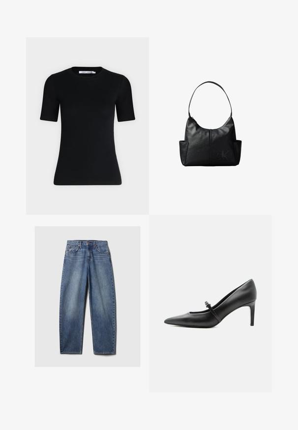 Sort tætsiddende T-shirt med korte ærmer og rund halsudskæring, med et mærke indvendigt i kraven mod en ensartet lys baggrund.; Blå denim jeans med en afslappet pasform, der har fem lommer, kobbernitter og en fadet vask. Lige ben med en ren kant.; Sort læderspids højhælede sko med tynd rem og spænde over vristen, stående på en neutral lys baggrund.; Sort læder skuldertaske med en enkelt rem, sidelommer og et diskret prægede Calvin Klein-logo på forsiden nederst til højre.