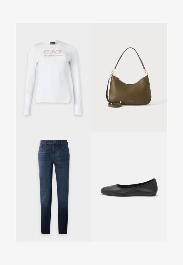 Hvid langærmet skjorte med gyldent EA7 Emporio Armani-logo og lille ørneemblem foran i midten.; Mørkeblå denim jeans med lige pasform. Har en knap- og lynlås-lukning, fem lommer og kontrastsyet. Glat tekstur.; Sort læderballetsko med rund tå, glat tekstur, minimal syning og et fleksibelt såldesign.; Olivengrøn læderhåndtaske med korte og lange remme, guldfarvet hardware og Michael Kors-logo i guld nær bunden på en ensfarvet baggrund.
