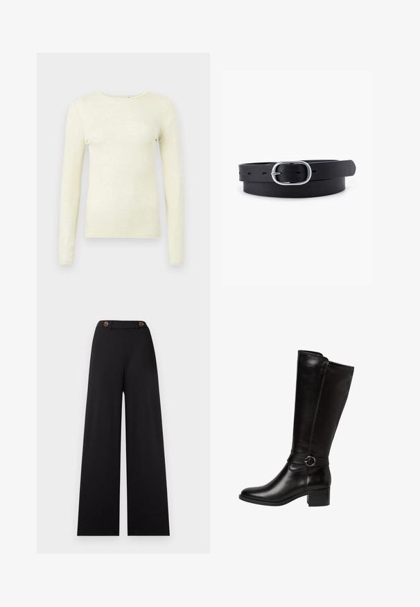 Haut à manches longues en tissu jaune clair doux. Il présente un col rond et une coupe ajustée, avec une texture lisse et des détails de couture minimalistes.; Pantalon noir à jambes larges avec une taille haute, doté de deux boutons marron et d'un tissu lisse et texturé. Sans motifs ni accents supplémentaires.; Botte en cuir noir montante avec un bout arrondi, une sangle décorative avec une boucle circulaire, et un petit talon carré. Texture lisse et brillante.; Ceinture en cuir noir au toucher lisse, boucle en métal argenté de forme ovale et plusieurs trous d'ajustement le long de la sangle. Design plat et minimal.