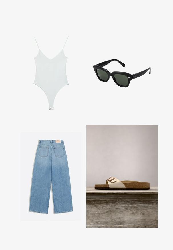 Hvid bodysuit med tynde stropper, V-udskæring og en glat tekstur. Har en trykknaplukning forneden og en tætsiddende silhuet.; Lyseblå vidbenede jeans med to baglommer og et lille beige mærke på linningen.; Sandal med slide-design, der har en let metallisk overdel, korkfodbed og tekstureret brun gummisål. Spænde detalje med logoaccent.; Sorte firkantede solbriller med mørkegrønne linser, der har kraftige stel og sølvdetaljer på siderne. Fremstillet i Italien.