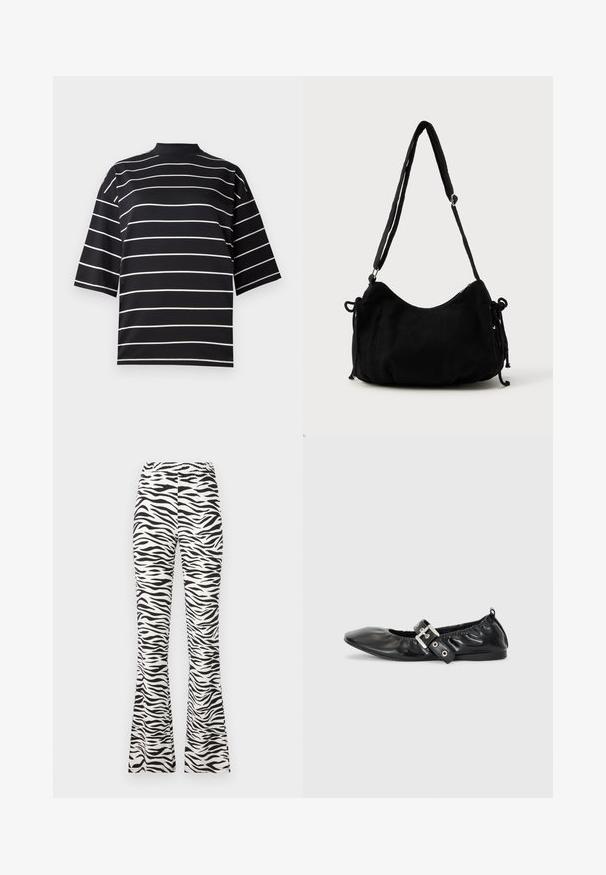 Chemise noire à manches courtes avec des rayures horizontales blanches. Présente un col haut et une coupe décontractée, fabriquée dans un tissu lisse et extensible.; Pantalons évasés noir et blanc avec un motif zèbre, fabriqués en tissu léger avec une taille élastique pour plus de confort.; Chaussure plate en cuir noir avec un nez pointu, des détails froncés autour de l'ouverture et un accent en boucle argentée sur la bride ajustable.; Sac à épaule en velours côtelé noir avec une forme courbée, bandoulière réglable et fermetures à cordon des deux côtés pour un ajustement de taille.