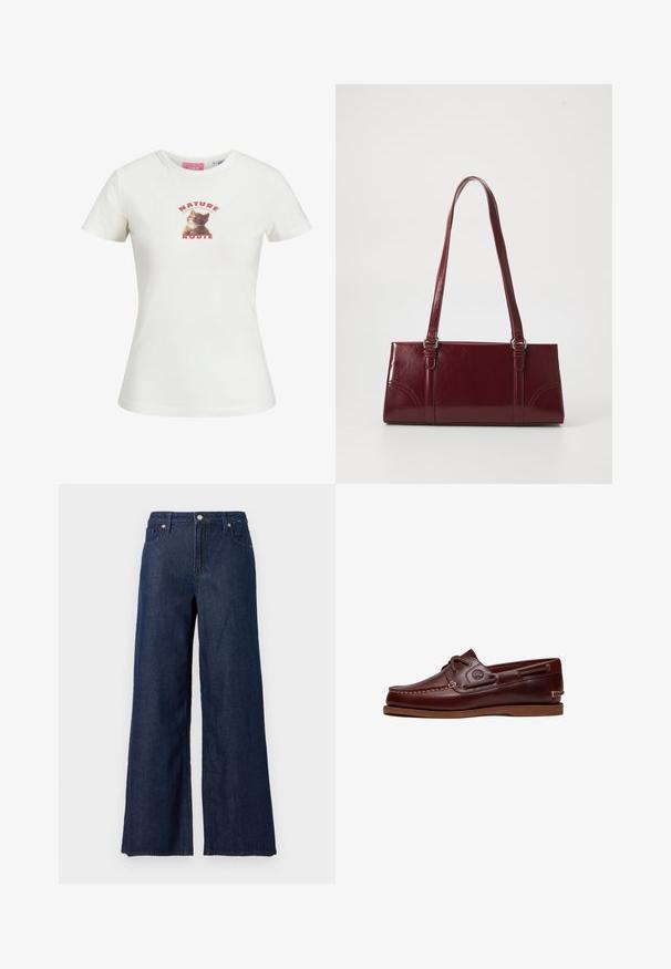 Wit T-shirt met korte mouwen met een afbeelding van een kitten en de tekst "Nature Route" in het rood op de borst.; Donkerblauwe wijde jeans van denim met een hoge taille, voorzien van steekzakken aan de voorkant, een knoopsluiting en zichtbare stikseldetails.; Bruine leren boot schoen met veters, stiksel details en Timberland-logo aan de zijkant, weergegeven op een witte achtergrond.; Bourgondische handtas van glanzend materiaal, rechthoekige vorm, met twee schouderbanden en subtiele gebogen accenten aan de voorkant.