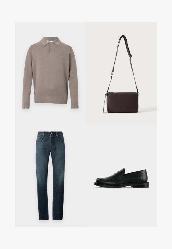 Grå strikket polo sweater med krave, to knapper og ribbede manchetter og søm, med et diskret logo på brystet.; Mørke denimjeans med lige pasform, klassisk fem-lomme-design, kontrasterende syninger og en subtil slidt effekt på lårene.; Sort læder herre penny loafer med lav stablet hæl og rundet tå vist fra siden på lys grå baggrund.; Mørkebrun textured læder crossbody taske med justerbar rem og lille dekorativ blå accent på siden.