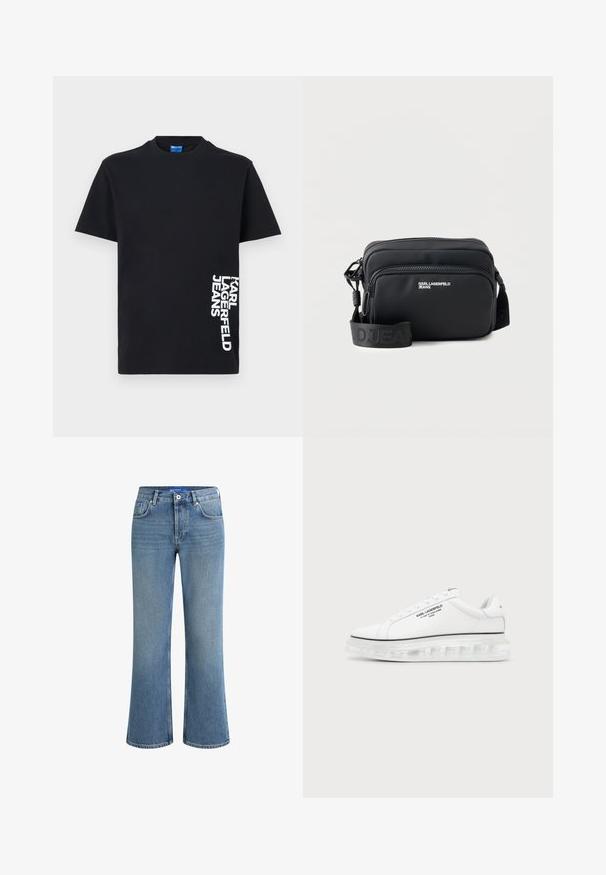 Čierne tričko s krátkym rukávom a okrúhlym výstrihom, s bielym zvislým nápisom "KARL LAGERFELD JEANS" vytlačeným pri spodnej pravej strane.; Svetlo modré rifle s rozšírenými nohavicami, stredným pásom, piatimi vreckami a jemne textúrovaným povrchom, so štandardným zapínaním na gombík.; Biele tenisky Karl Lagerfeld s čiernym textovým logom a priehľadnou hrubou podrážkou na jednoduchom svetlom pozadí.; Čierna obdĺžniková crossbody kabelka so dvomi vreckami na zips, logom "KARL LAGERFELD JEANS" a nastaviteľným popruhom s logom na bielom pozadí.