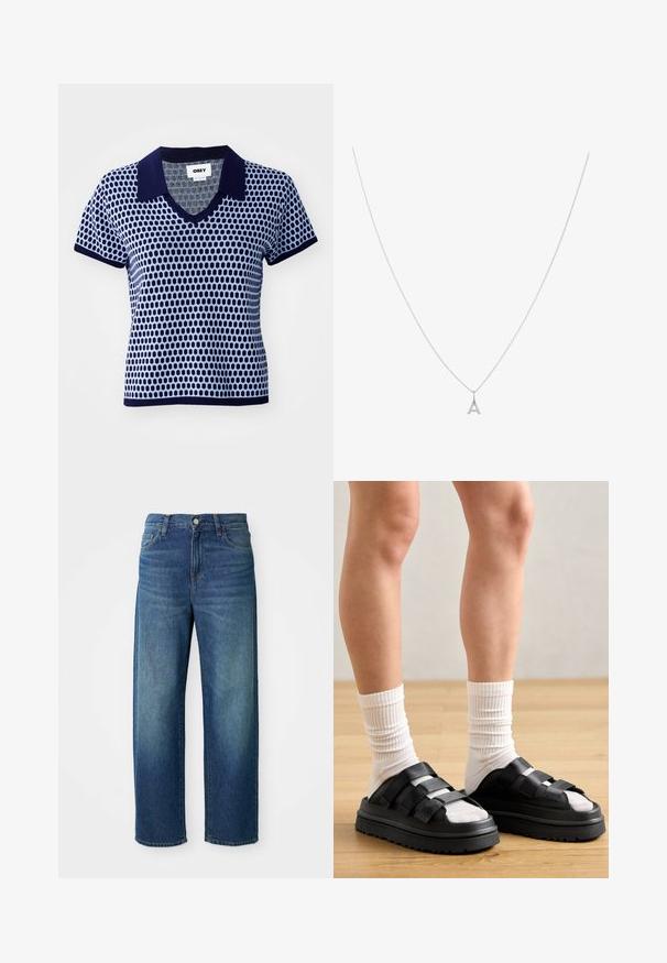 Modrá a námornícka krátkoptsrá polo s výstrihom do V, s textúrovaným geometrickým vzorom a pevný námornícky golier a manžety.; Modré džíny z denimu, široký strih nohavíc, stredne vysoký pás, jemné vyblednutie, pätich vreciek, s gombíkom a zipsom na zapínanie, rovný lem.; Čierne platformové sandále s tromi širokými popruhmi, textúrované podrážky a otvorené prsty, doplnené o biele rebrované kotníkové ponožky na nohách na pozadí svetlej drevenej podlahy.; Strieborný náhrdelník s jemným reťazcom a príveskom v tvare malého písmena "a", s hladkým povrchom a minimalistickým dizajnom.