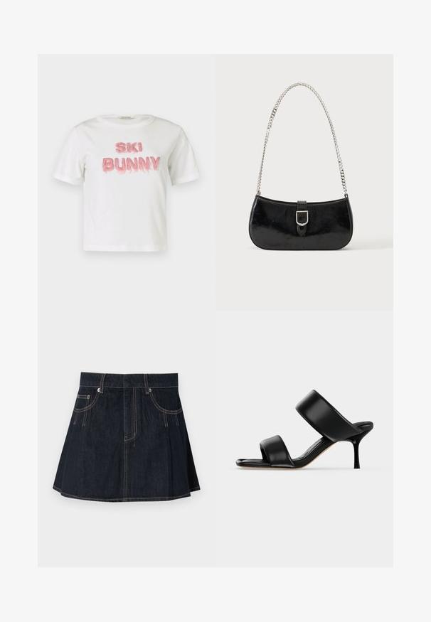 Hvid bomulds-t-shirt med "SKI BUNNY" i hævet pink plys-tekst. Kortærmet og med rund hals.; Denimnederdel i mørkeblå, med en flagrende design, bæltestropper, forvægspockets og kontraststing langs sømmene.; Sort læder mule sandal med to brede remme og en slank mellemhøj stiletthæl på en ensartet lys baggrund.; Sort skuldertaske i laklæder med sølv spænde og sølv kæderem, vist mod en ensartet lys baggrund.