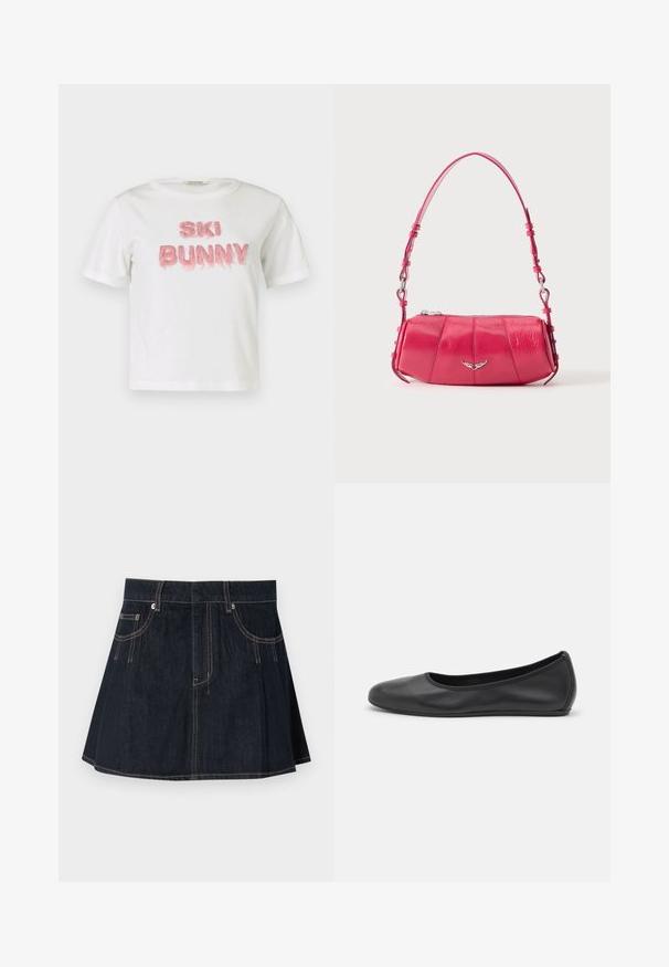 Weißes Baumwoll-T-Shirt mit erhabenen rosa Kunstpelz-Buchstaben "SKI BUNNY". Kurze Ärmel und Rundhalsausschnitt.; Jeansrock in Dunkelblau, mit ausgestelltem Design, Gürtelschlaufen, Vordertaschen und kontrastierenden Nähten entlang der Säume.; Schwarze Leder-Ballettschuhe mit abgerundeter Spitze, glatter Textur, minimalen Nähdetails und einem flexiblen Sohlen-Design.; Kleine glänzende rosa Leder-Schultertasche mit silbernem Flügel-Emblem und verstellbarem Riemen, Reißverschluss oben, auf weißem Hintergrund präsentiert.