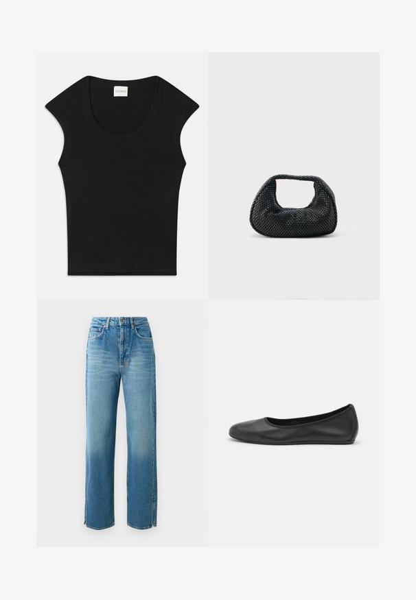 Zwarte mouwloze top van zachte stof met een ronde halslijn en een aangesloten pasvorm. Bevat een label met de tekst "CLOSED" aan de hals.; Lichtblauwe denim jeans met hoge taille, rechte pijpen en zijsplitten aan de onderkant. Beschikt over een traditionele vijf-pocketontwerp en knoopsluiting.; Zwarte leren ballerina met een ronde neus, gladde textuur, minimale stikdetails en een flexibele zoolontwerp.; Zwarte geweven hobo-tas met een zachte structuur en geïntegreerd handvat, weergegeven op een effen lichte achtergrond.