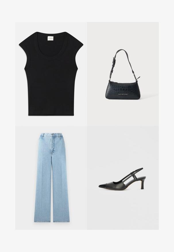 Haut sans manches noir en tissu doux avec un col arrondi et une coupe ajustée. Présente une étiquette portant la mention "CLOSED" au niveau du cou.; Jeans larges bleu clair en denim avec une taille haute, comprenant cinq passants de ceinture, une fermeture à bouton à l'avant et des coutures cousues.; Chaussure à bride arrière en cuir noir avec bout pointu, dotée d'un accent brillant sur le bout et d'un talon de hauteur moyenne. Design latéral ouvert.; Sac à épaule noir embossé effet croco avec sangle ajustable et logo argenté "Love Moschino" sur le devant, fermeture éclair sur le dessus.