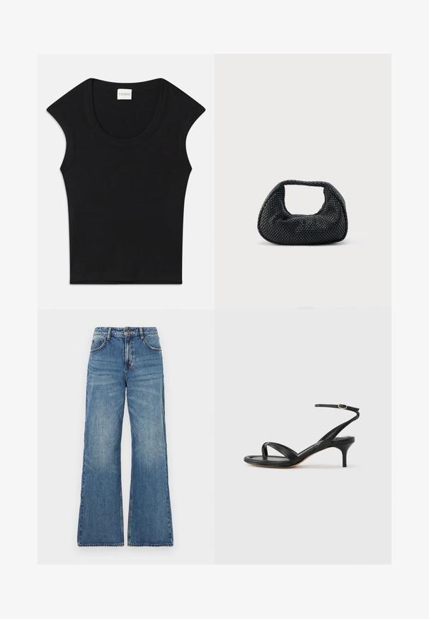 Must have mustamustelisest kangast sleeveless top, ümarate kaelustega ja sobiva lõikega. Kaeluses on silt, mille peal on kirjas "CLOSED".; Heledad sinine denim, mille kõrge vöökoht, laiad flared säärtega ja klassikaline viie taskuga disain. Kergelt pleekinud tekstuur koos nähtavate õmbluste detailidega.; Mustast nahast naiste sandaal õhukeste rihmadega, varbaringi, pahkluu pandlaga ja keskmise kõrgusega kitsekontsaga neutraalsel taustal.; Mustast punutud hobukott pehme struktuuri ja integreeritud sangaga, esitatud lihtsal heledal taustal.