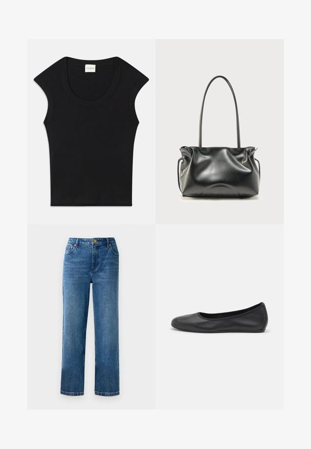 Haut sans manches noir en tissu doux avec un col arrondi et une coupe ajustée. Présente une étiquette portant la mention "CLOSED" au niveau du cou.; Jean taille haute bleu avec une coupe droite, en denim, comportant cinq poches et des détails en métal doré.; Ballerines en cuir noir avec un bout rond, texture lisse, détails de couture minimalistes et design de semelle flexible.; Sac à main en cuir noir avec des détails froncés et une longue bandoulière fine, sur un fond clair uni.