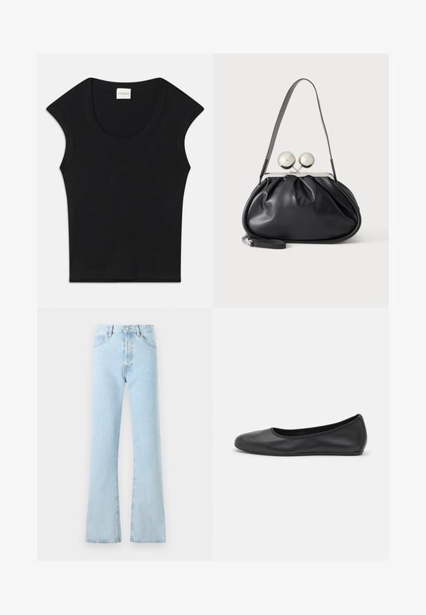 Haut sans manches noir en tissu doux avec un col arrondi et une coupe ajustée. Présente une étiquette portant la mention "CLOSED" au niveau du cou.; FRAME THE VERTICAL - Jean boyfriend - light blue; Ballerines en cuir noir avec un bout rond, texture lisse, détails de couture minimalistes et design de semelle flexible.; Sac à main en cuir noir avec un design plissé, une sangle unique, un cadre métallique argenté et deux grandes fermoirs ronds en argent.