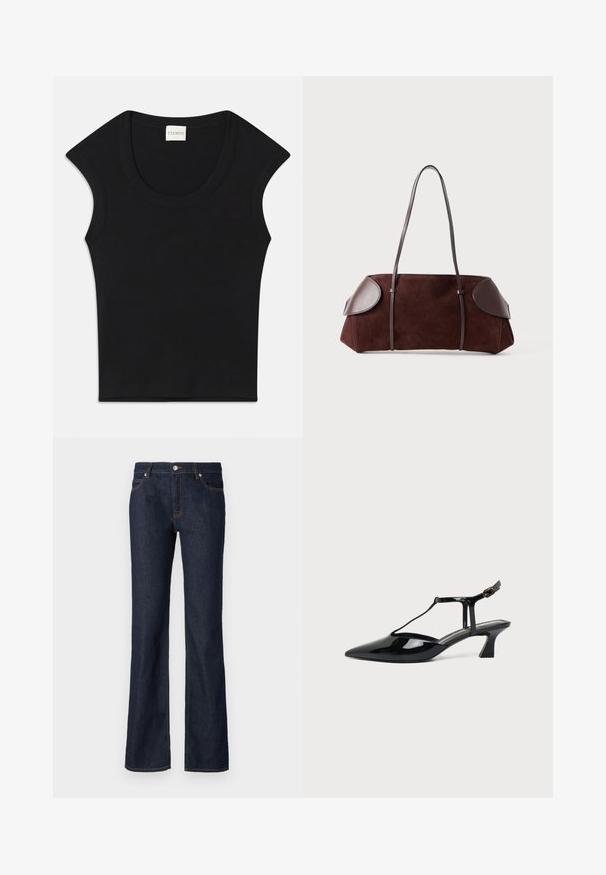 Haut sans manches noir en tissu doux avec un col arrondi et une coupe ajustée. Présente une étiquette portant la mention "CLOSED" au niveau du cou.; Jean en denim bleu foncé avec une coupe évasée, design à cinq poches et surpiqûres orange contrastantes le long des coutures et des poches.; Chaussure slingback en cuir verni noir à bout pointu avec bride en T et petit talon bloc incliné sur fond blanc.; Sac en daim marron avec des accents en cuir, forme structurée, double poignées, bords arrondis, présentant une texture lisse et un matériel minimal.