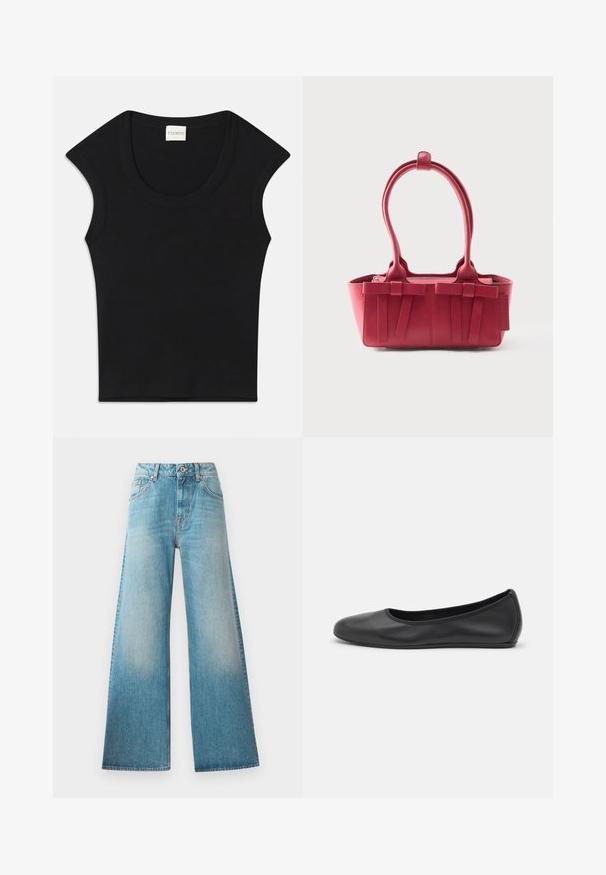 Top negro sin mangas hecho de una tela suave con un escote redondeado y forma ajustada. Presenta una etiqueta con la inscripción "CLOSED" en el cuello.; Jeans de mezclilla de tiro alto en denim azul claro, con piernas anchas, diseño de cinco bolsillos y un ligero desvanecimiento a lo largo de los muslos. Detalles de herrajes en color cobre.; Bailarina de piel negra con punta redondeada, textura suave, detalle de costura minimalista y diseño de suela flexible.; Bolso de cuero rojo con dos asas superiores, lazos decorativos en la parte delantera y una etiqueta en el lateral sobre un fondo blanco.
