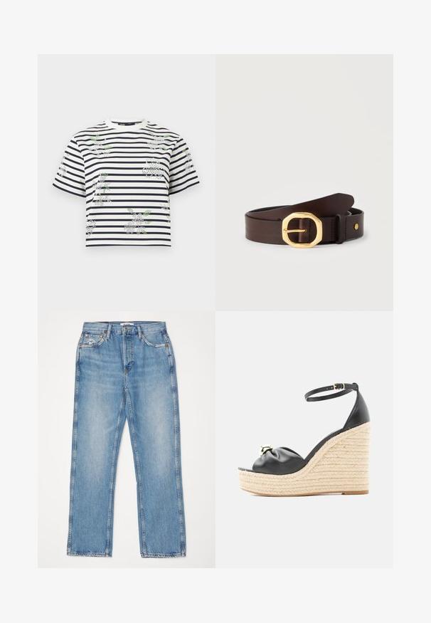 Hvid og marineblå stribet T-shirt med korte ærmer og rund hals, pyntet med små hvide og grønne blomsterperle-mønstre, der er spredt ud over stoffet.; RE/DONE HIGH RISE - Jeans Straight Leg - worn blue; Sort læder kile sandal med ankelrem, knude foran detalje, guldfarvet accent og tyk flettet platformssål.; Mørkebrun læderbælte med en skinnende gylden ottekantet spænde, sammenrullet på en ensfarvet lys baggrund.
